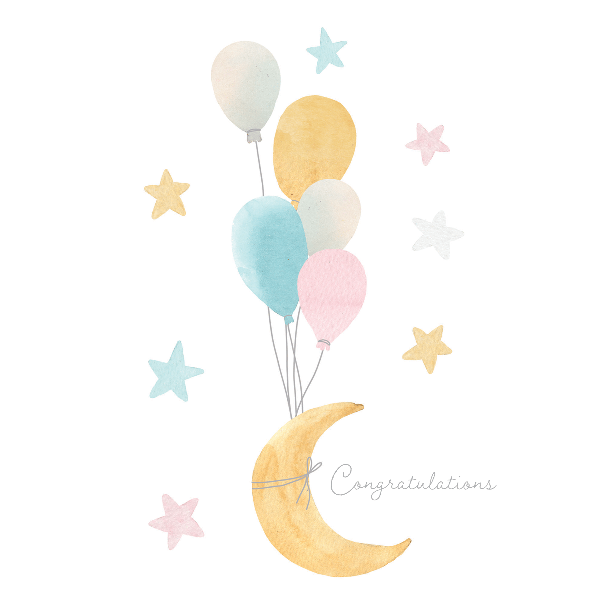 Pictura Moon Stars and Balloons Baby Card featuring colorful moon, stars, and balloons on a cheerful background.